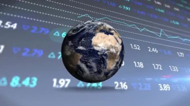 Arkaplanda hareket eden grafikle dönen dünyanın animasyonu. Dijital olarak üretilmiş, hologram, küreselleşme, raporlar, finans, borsa, iş ve teknoloji kavramı.