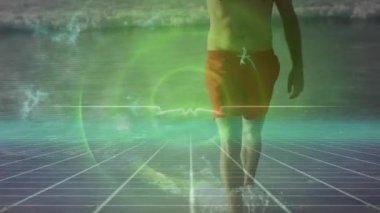 Sahildeki beyaz adamın üstünde daireler çizmek. Boş zaman, tatiller ve dijital arayüz kavramı dijital olarak oluşturulmuş video.