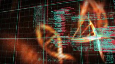 Animation of glowing dna helix and programming language against grid pattern. Digitally generated, hologram, research, coding, medical, molecule and technology concept.