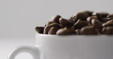 Video of cup of roasted brown coffee beans on white background. Coffee, refreshment and beverages.