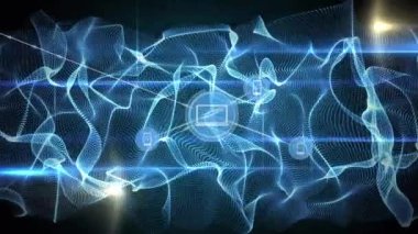 Animation of network of connections over spots and black background. Global business and digital interface concept digitally generated video.