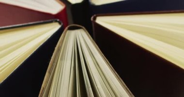 Video of composition with diverse books standing on brown surface. School equipment, tools, learning and education concept.