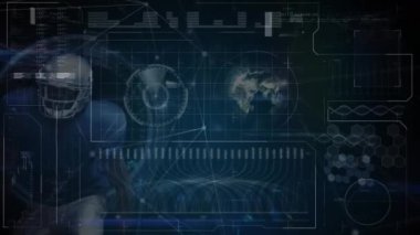 Rugby topu yakalayan melez oyuncu üzerine çeşitli dijital diyagramlar ve desenlerin animasyonu. Dijital bileşim, teknoloji, çoklu pozlama, spor, rugby, rekabet.