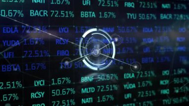 Siyah arkaplan üzerindeki çizgiler ve alım satım tahtasıyla bağlantılı çember ve noktaların animasyonu. Dijital olarak üretilen hologram, borsa, yatırım, iletişim, geometrik şekil ve teknoloji.