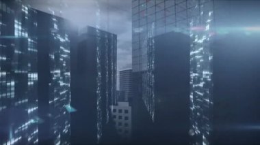 Animation of graphs with financial data processing in server room against office buildings. Digital composite, communication, business, futuristic, technology, cloud computing, finance, economy.