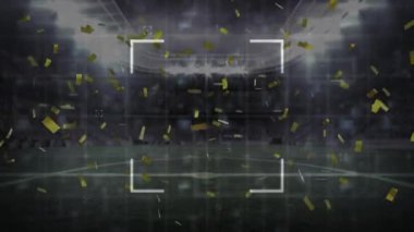 Animation of scope scanning and golden confetti falling against sports stadium. Sports competition and tournament technology concept