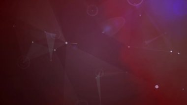 Animation of network of connections and glowing light spot against red background. Global networking and business technology concept
