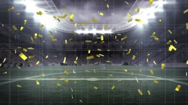 Animation of golden confetti falling over mathematical equations against sports stadium. Sports competition and tournament technology concept