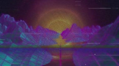 Animation of glitch effect over metaverse structures and yellow round scanner on black background. Computer interface and metaverse technology concept