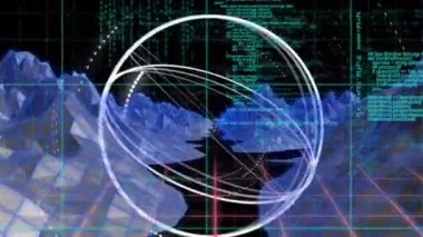Animation of circles spinning on 3d wireframe mountains against data processing on digital interface. Digital composite, artificial intelligence, cloud computing, development, technology.