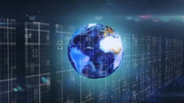 Animation of data processing, lights and globe in navy space. Global data processing and technology concept digitally generated video.