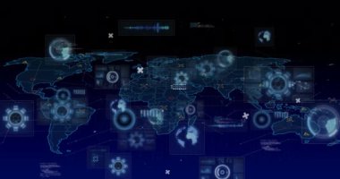 Animation of scopes scanning, data processing and markers over world map. global connections and data processing concept digitally generated video.