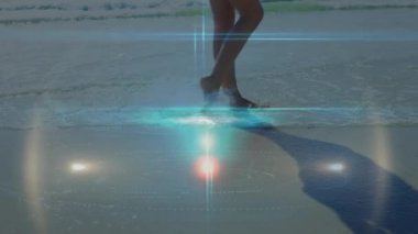 Animation of light spots over caucasian woman at beach. Free time, holidays and digital interface concept digitally generated video.