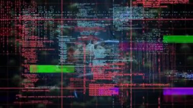 Animation of multicolored bar with dna molecule, cancer cells, evidence text and programming text. Digitally generated, hologram, coding, research, crime, medical, futuristic and technology concept.