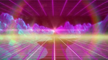 Animation of pink grid network and rainbow lens flare over metaverse structures on red background. Computer interface and metaverse technology concept