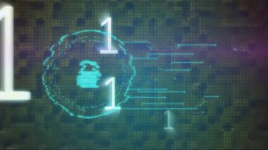 Mavi arka planda güvenlik kilidi simgesinin üzerinde ikili kodlama animasyonu. Siber güvenlik ve iş teknolojisi kavramı