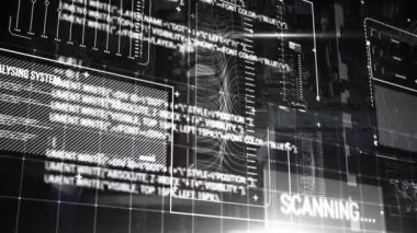 Animation of infographic data scanning on digital interface over city street. Digital composite, artificial intelligence, global communication, cloud computing, development, technology, transportation