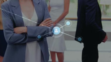 Animation of network of profile icons over portrait of caucasian businesswoman smiling at office. Global networking and business technology concept