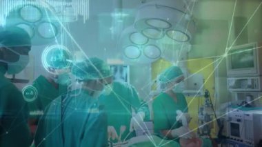Animation of illuminated networks connects and medical data over caucasian surgeons in hospital. Composite, occupation, multiple exposure, surgeon, teamwork, surgery, technology.