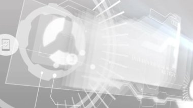 Animation of icons connected with lines and abstract pattern and computer programming language. Digitally generated, hologram, coding, telecommunication and technology concept.