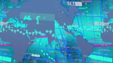Animation of financial data processing over world map. Global technology, finances and digital interface concept digitally generated video.