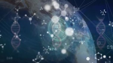 Animation of dna, molecules, connecting dots against globe with data processing on digital interface. Digital composite, healthcare and medicine, biotechnology, artificial intelligence, connection.