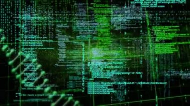 Animation of green lens flare over dna helix and programming language on grid pattern. Digitally generated, hologram, research, coding, data, medical, futuristic and technology concept.