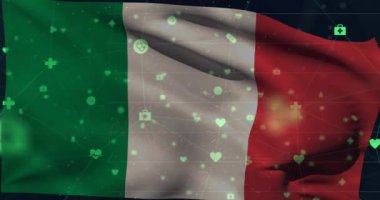 Animation of data processing over flag of italy. Global business, patriotism and digital interface concept digitally generated video.