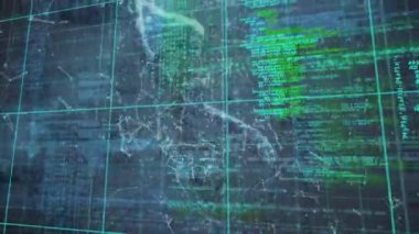 Animation of digital infographic interface with dna molecule and dots connecting with lines. Digitally generated, hologram, data, coding, graphs, reports, futuristic and technology concept.