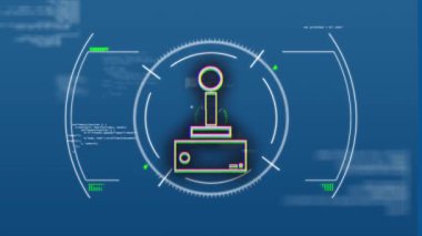 Animation of retro joystick icon with data processing, hud on digital interface. Digital composite, technology, arts culture and entertainment, coding, business.