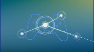 Gradyan arkaplan karşısındaki video oyunu denetleyici simgeleri üzerinden bağlantı ağının animasyonu. Küresel ağ ve iş teknolojisi kavramı