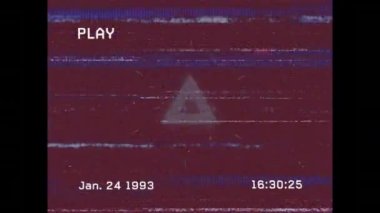 Animation of vhs glitch effect over triangular and circular shape pattern in seamless pattern. Computer interface and business technology concept