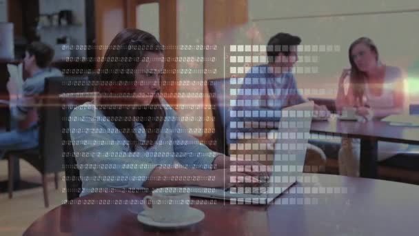 Animation Binary Code Graph Bars Caucasian Woman Drinking Coffee Working — ストック動画