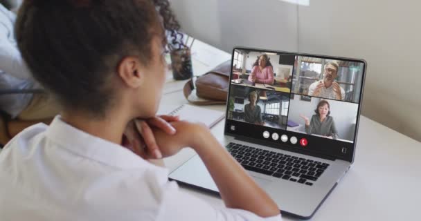 African American Woman Using Laptop Video Call Diverse Business Colleagues — Stockvideo