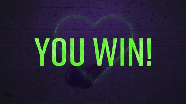 Animation Green You Win Text Banner Neon Green Heart Icon — Wideo stockowe