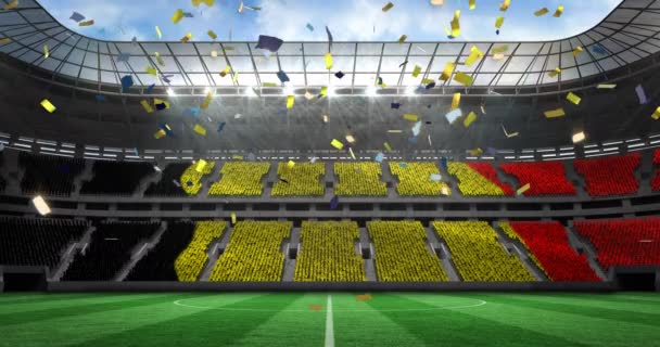 Animation Falling Golden Confetti Football Stadium World Cup Soccer Concept — стоковое видео