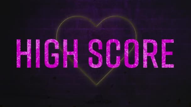 Animace Růžové High Score Textového Banneru Nad Neonově Žlutou Ikonou — Stock video