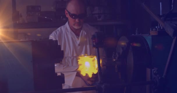Animation Glowing Light Caucasian Man Working Workshop Labor Day Work — Stockvideo