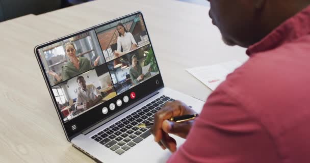 African American Man Using Laptop Video Call Diverse Business Colleagues — Αρχείο Βίντεο