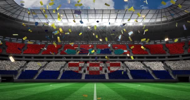 Animation Falling Golden Confetti Football Stadium World Cup Soccer Concept — Wideo stockowe