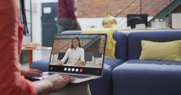 Biracial Woman Using Laptop Video Call Business Colleague Screen Business — Αρχείο Βίντεο