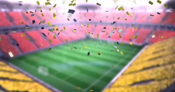 Animation Falling Golden Confetti Football Stadium World Cup Soccer Concept — Stock Video