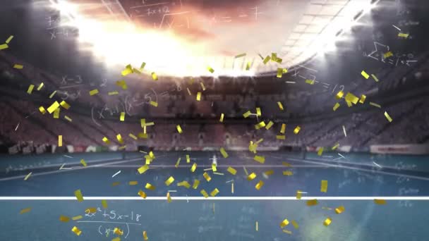 Animation Mathematical Equations Golden Confetti Falling Sports Stadium Sports Competition — Vídeo de Stock