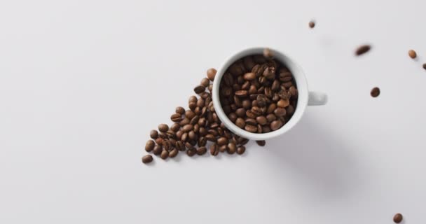 Video Cup Coffee Beans Pile Coffee Beans White Background Coffee — Stock Video