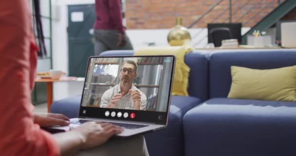 Biracial Woman Using Laptop Video Call Business Colleague Screen Business — Stock videók