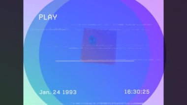 Animation of antique video playing on screen with blue circles and moving square shapes. Digitally generated, multiple exposure, geometric shape, technology and abstract concept.