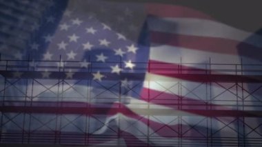Animation of construction site and cityscape with american flag. labor day, american tradition and celebration concept digitally generated video.