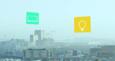 Animation of multiple digital icons against aerial view of cityscape. Computer interface and business technology concept