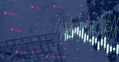 İnşaat alanının animasyonu, finansal veri işleme ve istatistikler. küresel kalkınma, iş dünyası, dijital arayüz ve dijital olarak oluşturulan veri işleme kavramı.