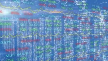 Animation of finance data, graphs, connecting dots against server room. Digital composite, communication, business, futuristic, technology, cloud computing, finance, economy.